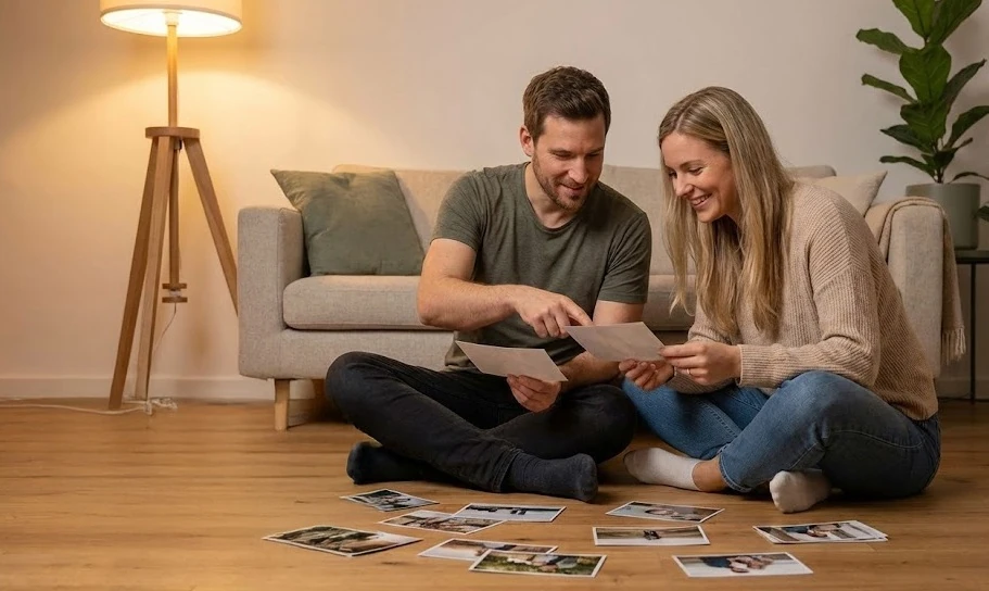 Paar gestaltet gemeinsam ein MEINFOTO Fotobuch auf dem Boden ihrer Wohnung