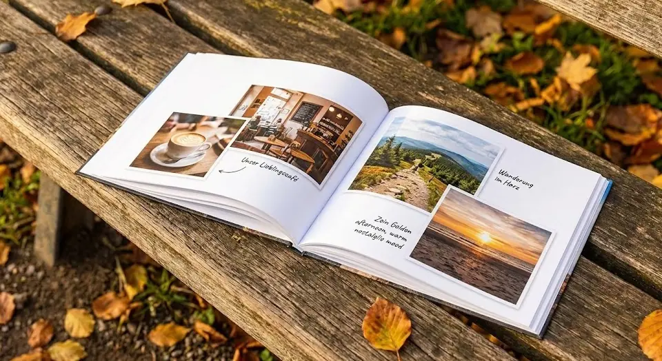 Aufgeschlagenes MEINFOTO Fotobuch mit Lieblingsorten und handschriftlichen deutschen Beschriftungen