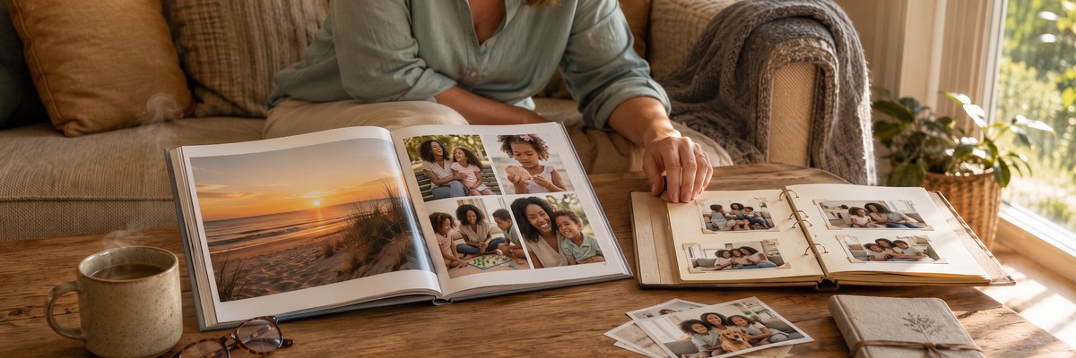 Aufgeschlagenes Fotobuch mit Strand- und Familienfotos neben einem klassischen Fotoalbum mit eingeklebten Abzügen