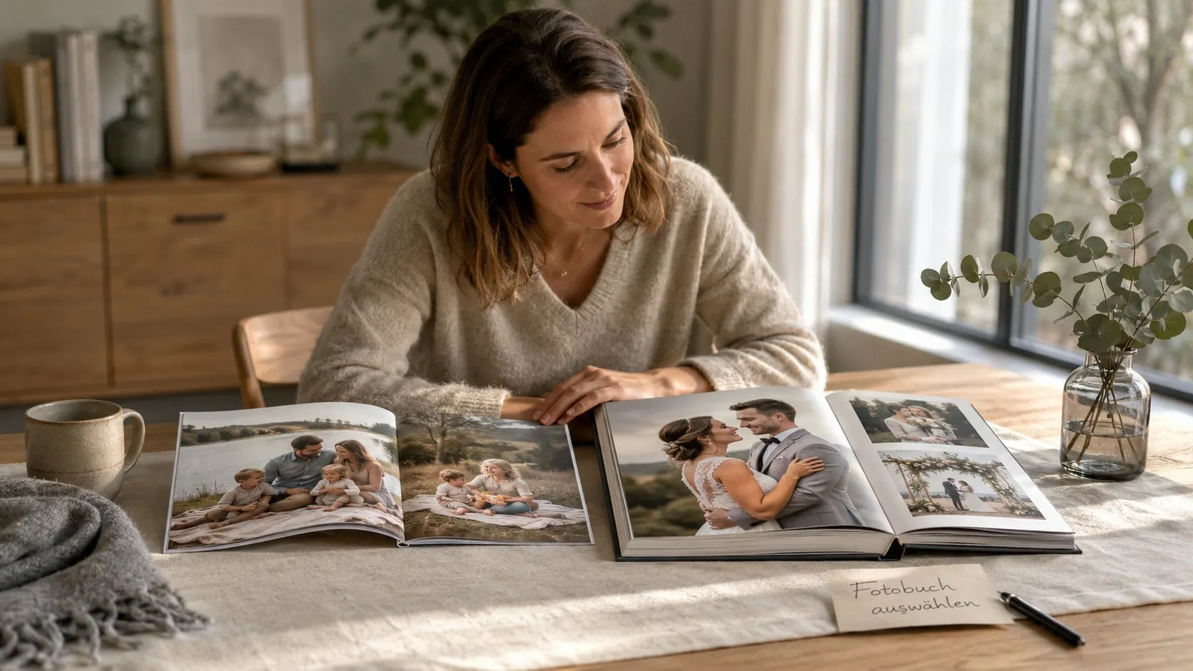 Frau vergleicht aufgeschlagenes Softcover Fotobuch mit geschlossenem Hardcover Fotobuch am Esstisch