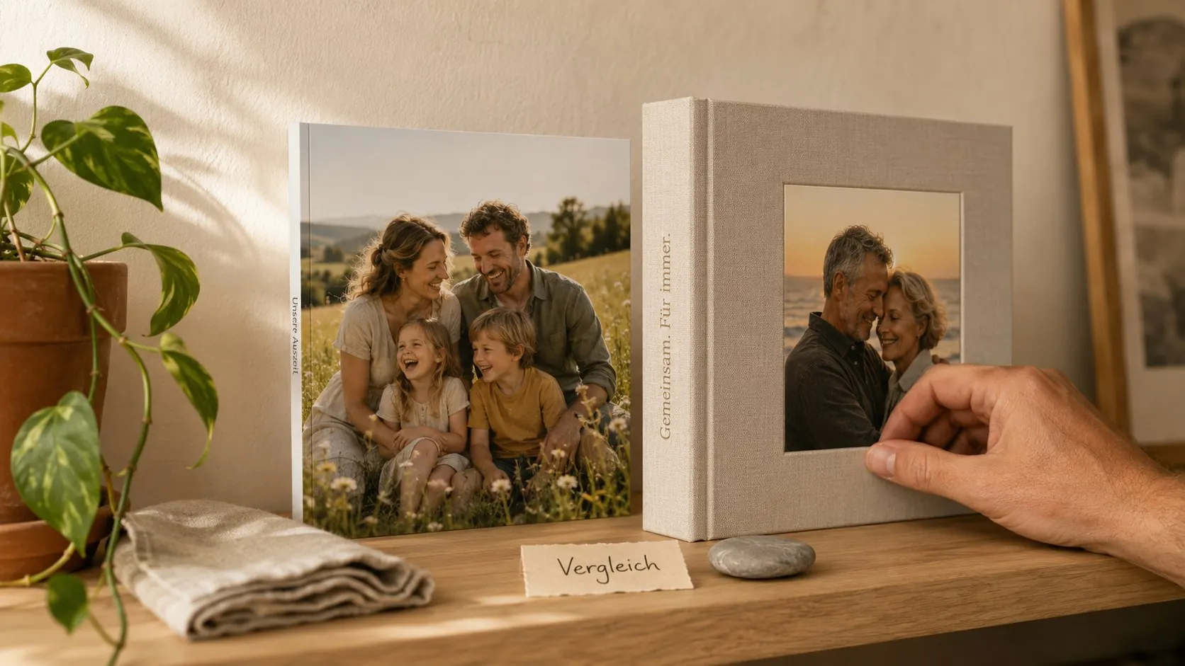 Softcover und Hardcover Fotobuch nebeneinander im direkten Vergleich auf dem Regal