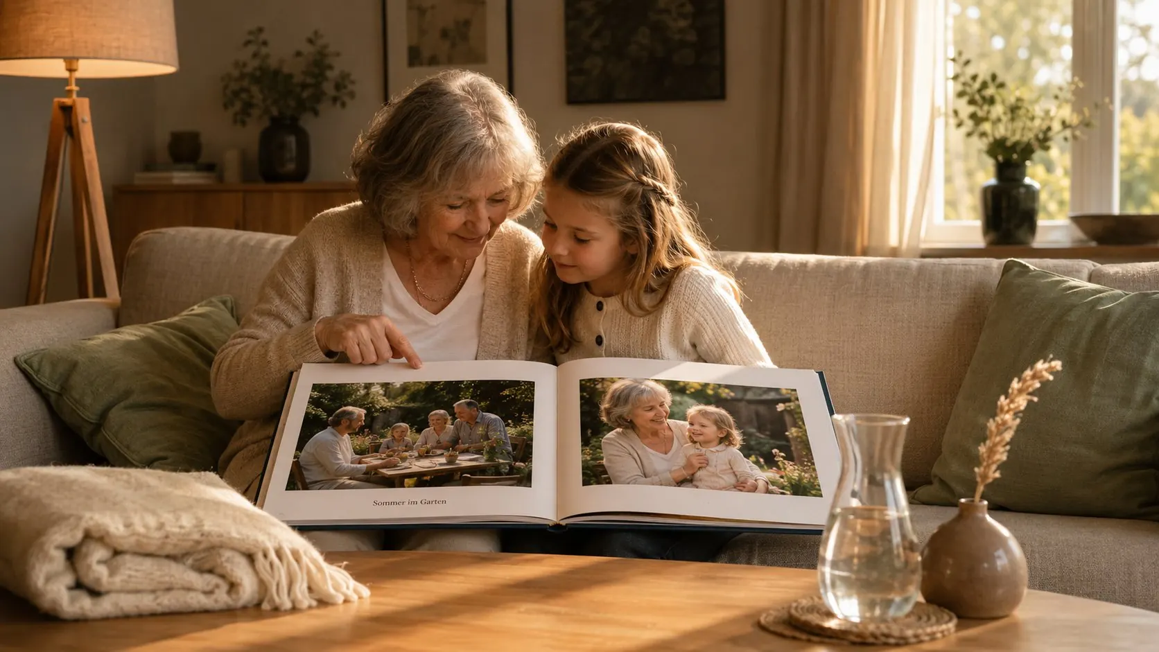 Großmutter und Enkelin schauen gemeinsam ein Hardcover Fotobuch mit Familienerinnerungen auf dem Sofa an