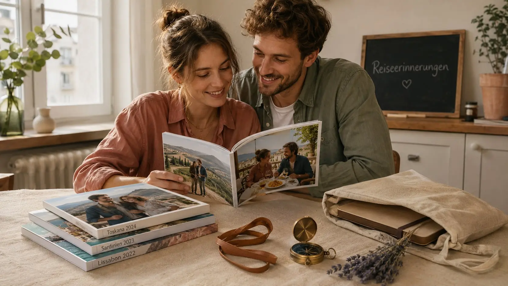 Paar blättert in Softcover Reisefotobüchern Toskana Sardinien und Lissabon am Küchentisch