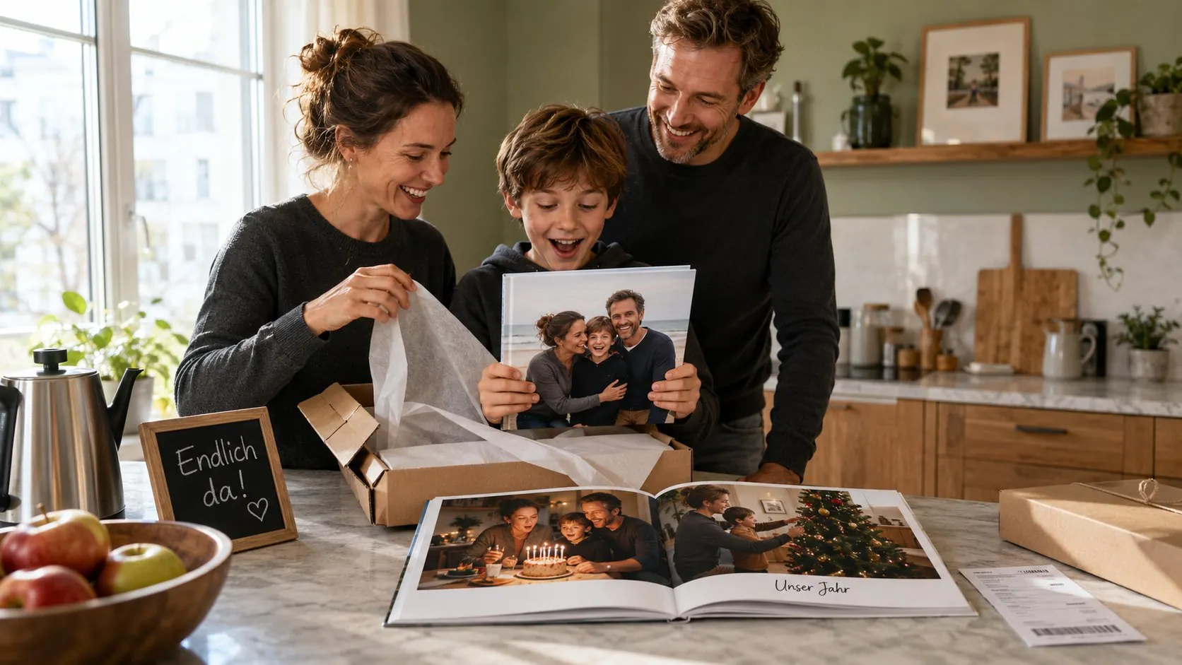 Familie packt Hardcover Fotobuch Unser Jahr aus mit Endlich da Schild auf dem Küchentresen