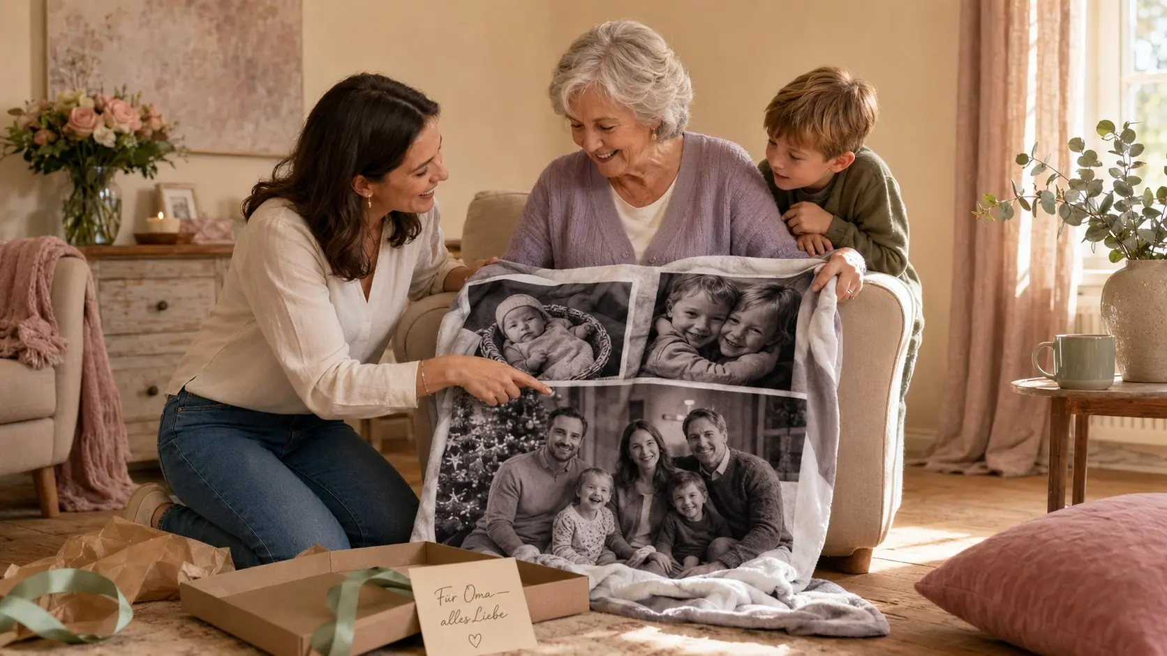 Großmutter packt personalisierte Fotodecke mit Familienfotos als Geschenk mit Karte Für Oma alles Liebe aus