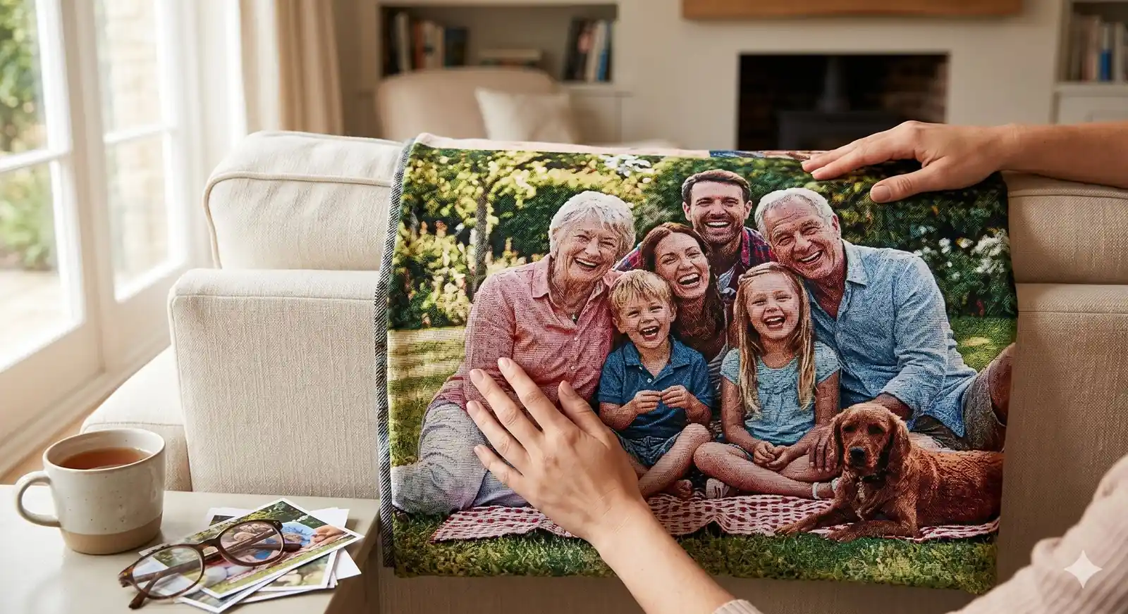 Frau gestaltet am Laptop personalisierte Fotodecke mit Collage und Notiz Größe 150x100 Mama zum Geburtstag