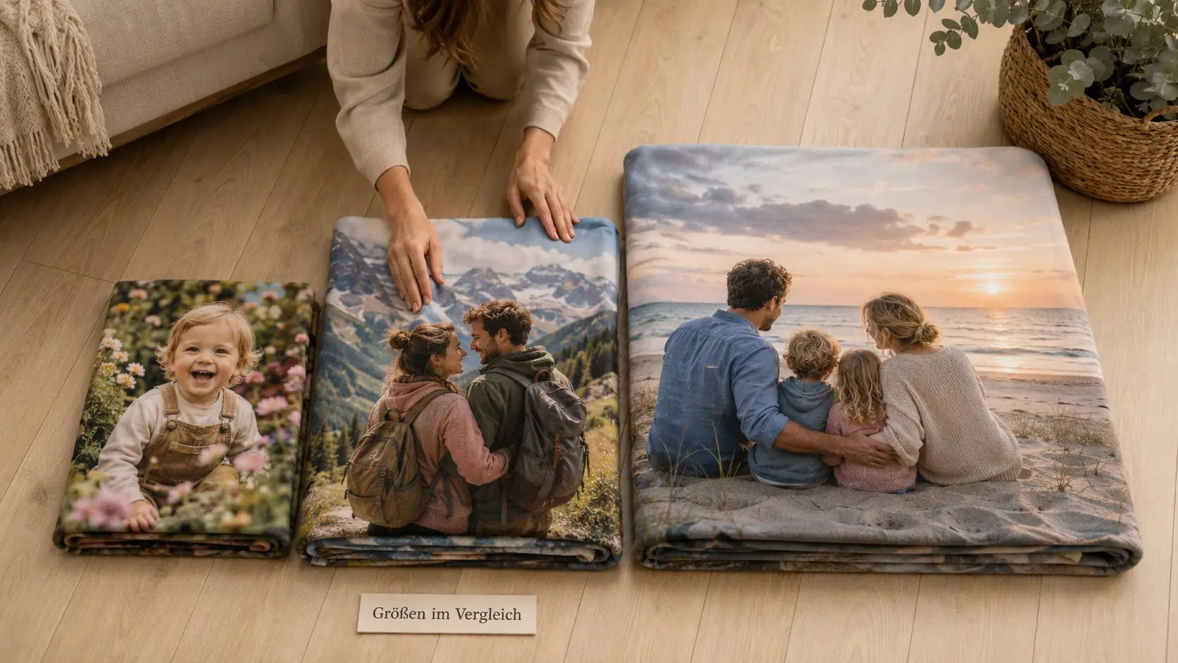 Drei gefaltete Fotodecken in verschiedenen Größen auf dem Boden im direkten Größenvergleich