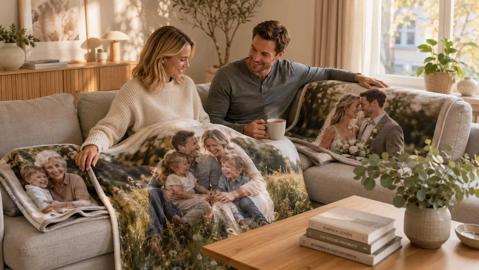 Paar entspannt auf dem Sofa mit drei verschiedenen Fotodecken Familie Hochzeit und Großeltern Erinnerungen