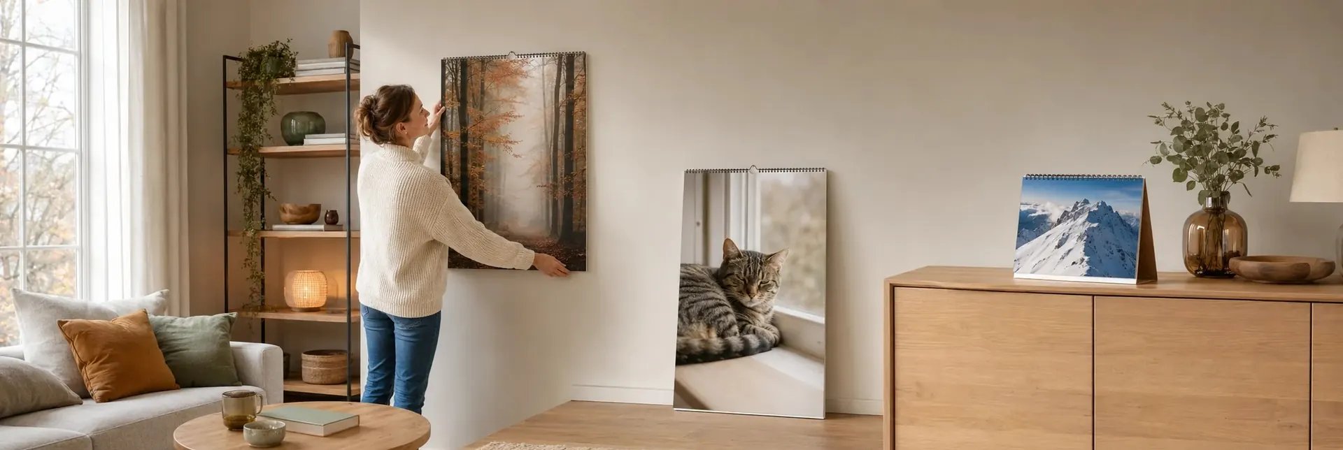 Wand-Fotokalender im Querformat mit Familienmotiv über einer Kommode