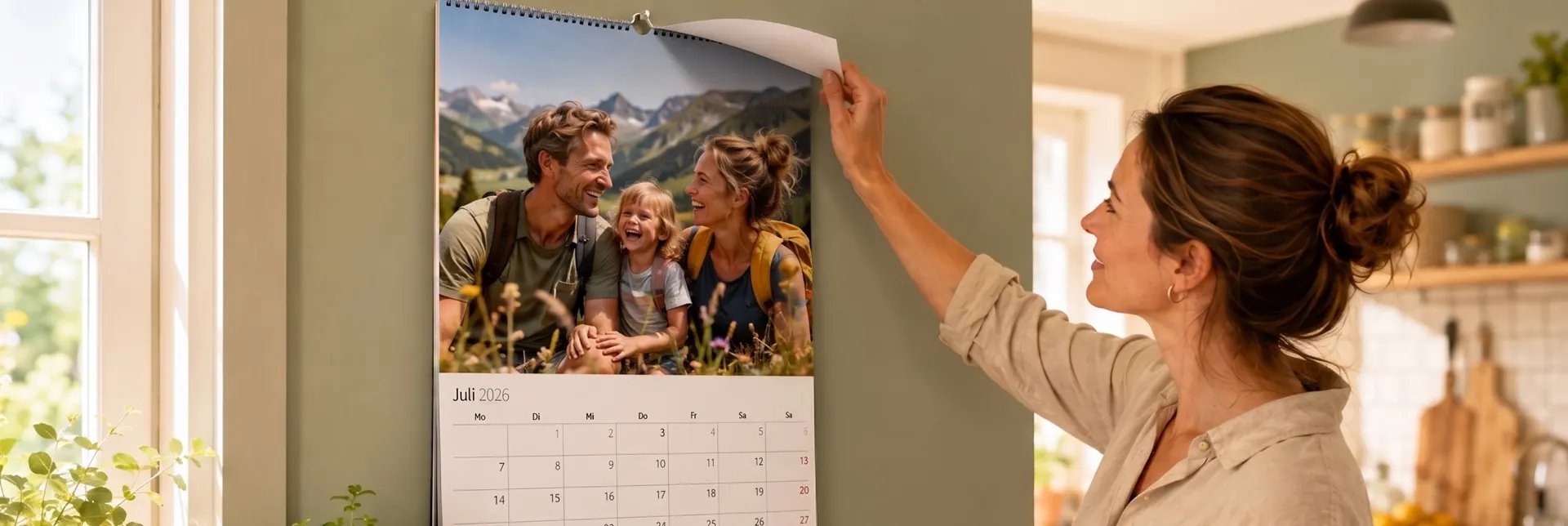Frau hängt einen Familien-Fotokalender mit Bergmotiv an die Wand