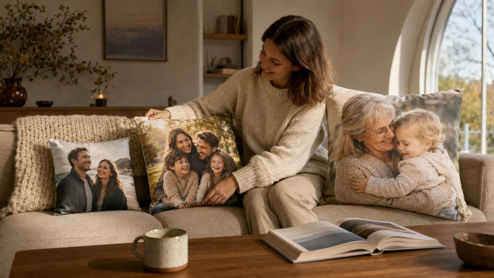 Drei personalisierte Fotokissen mit verschiedenen Familienfotos und Paar Motiven auf dem Wohnzimmersofa