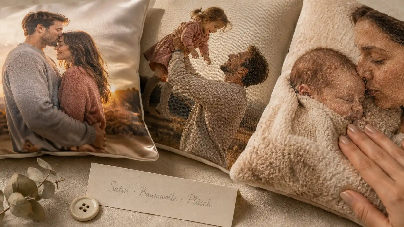 Großmutter packt Fotokissen mit Enkelfoto als Geschenk aus mit Karte Für Oma von Deiner Familie