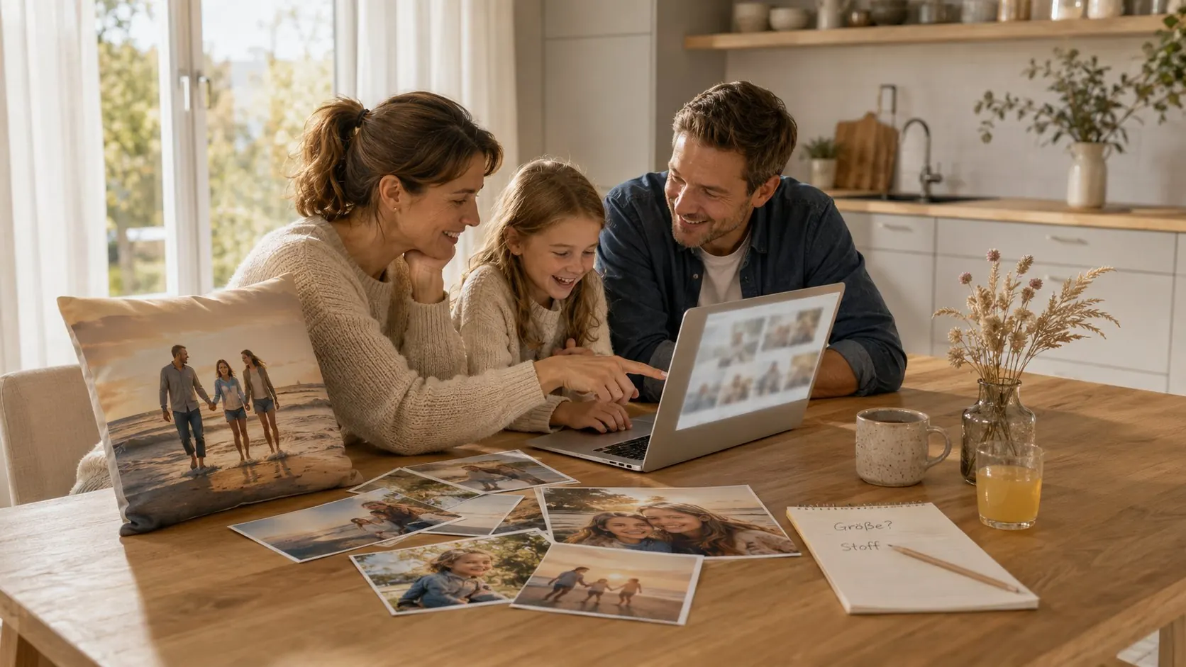 Drei Fotokissen in unterschiedlichen Größen auf dem Wohnzimmersofa mit Wandern Hochzeit und Familienmotiv
