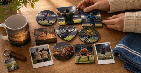 Personalisierte Foto-Magnete mit Fußball-Motiven kombiniert mit Foto-Tasse, Schlüsselanhänger und Schal als Andenken-Set vom Weltmeister-Sommer