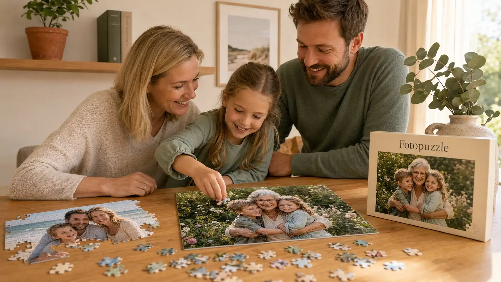 Familie legt gemeinsam ein Fotopuzzle mit Großmutter und Enkelkindern Motiv am Esstisch