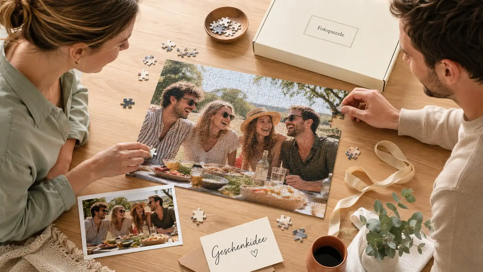 Paar legt zusammen ein Fotopuzzle mit Sommer-Picknick Motiv mit Karte Geschenkidee neben der Box
