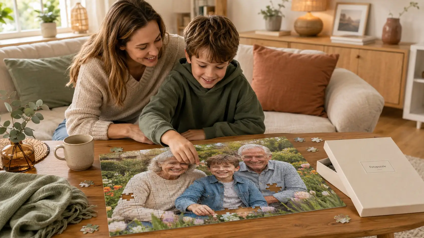 Mutter und Sohn legen ein Fotopuzzle mit Großeltern Motiv am Couchtisch im Wohnzimmer