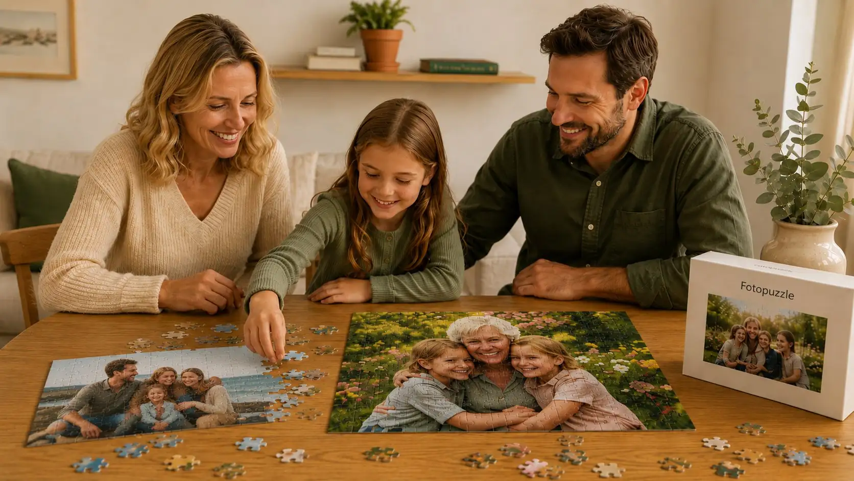 Familie legt gemeinsam ein Fotopuzzle mit Großmutter in blühendem Garten als ideales Motiv für ein scharfes Puzzle aus eigenem Foto