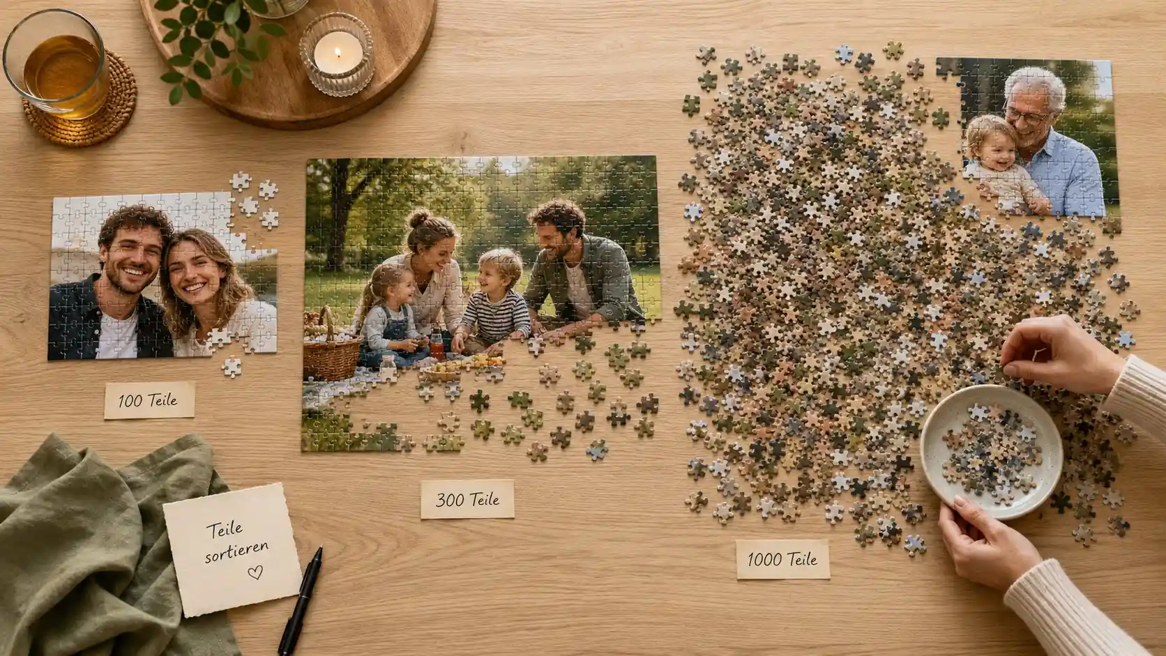 Drei Fotopuzzle in 100 300 und 1000 Teile mit handschriftlicher Notiz Teile sortieren auf dem Holztisch