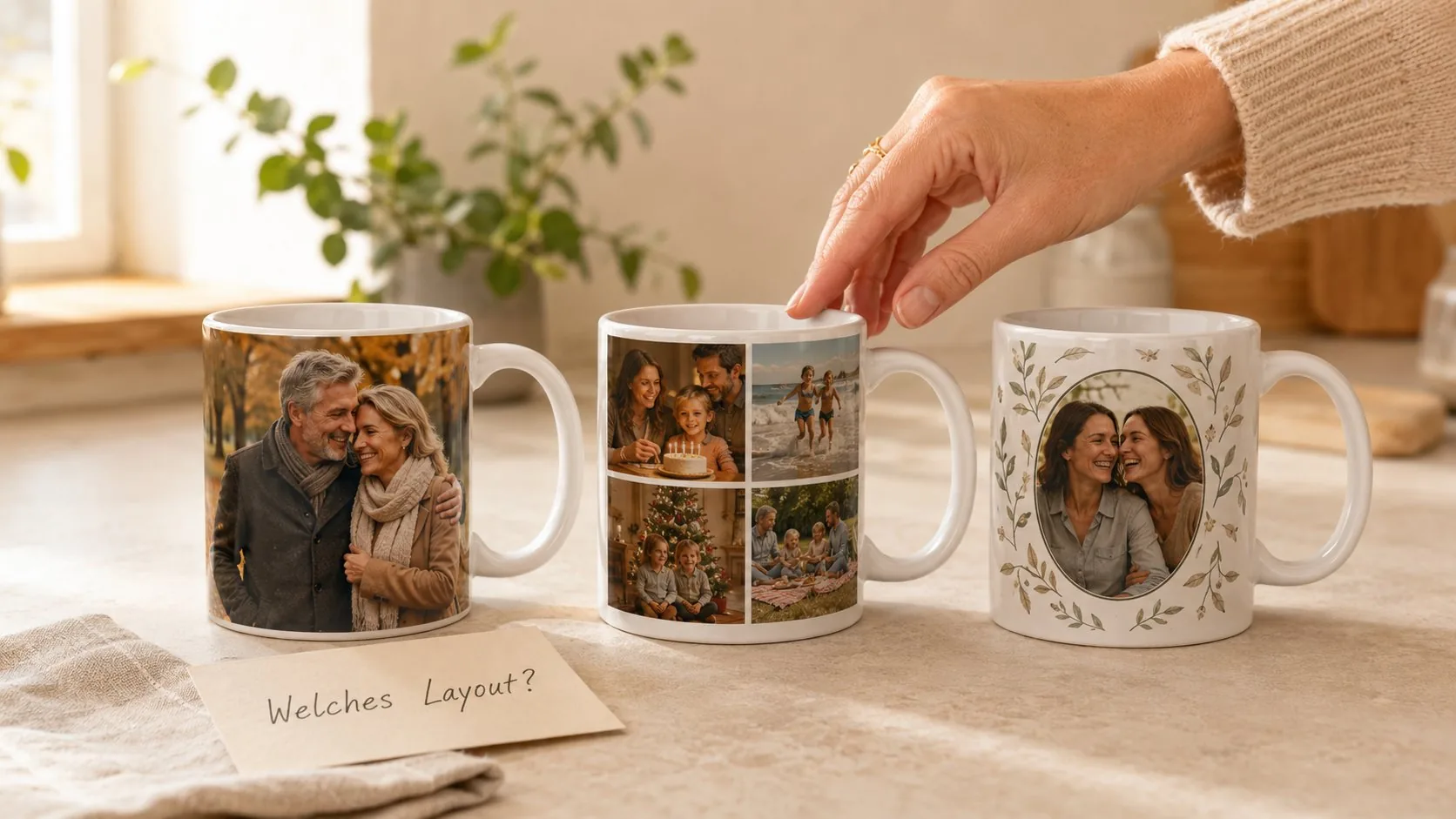 Frau hält in der Küche eine Fototasse mit Familienfoto neben zwei weiteren Fototassen und Notiz Meine Fototasse
