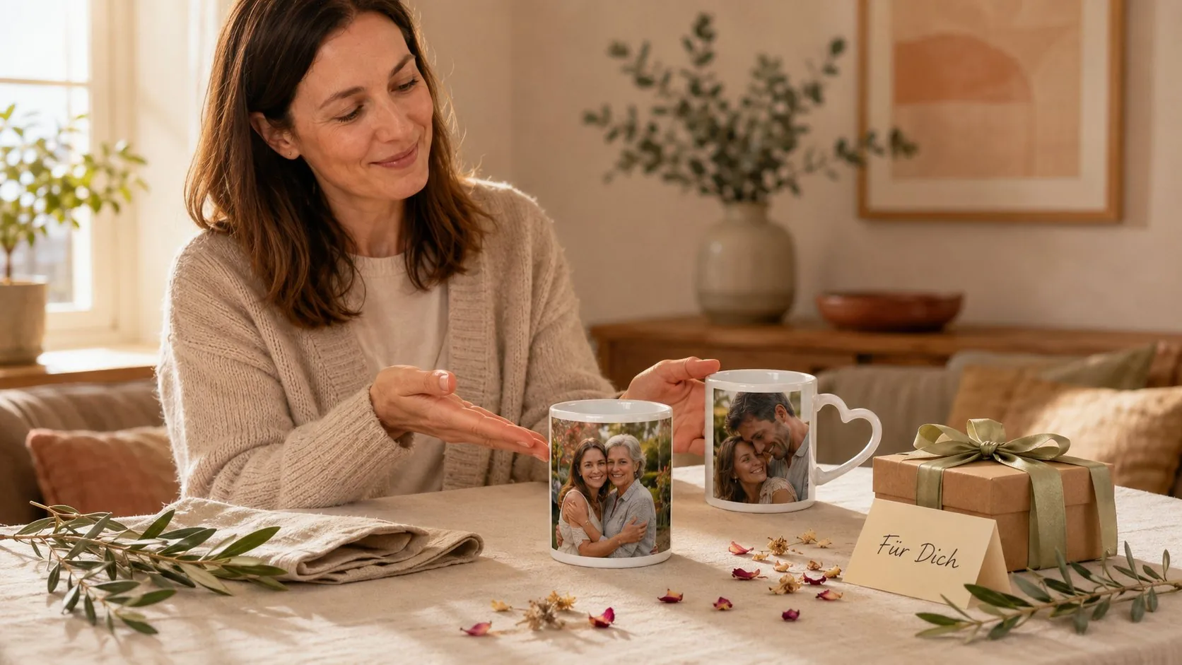 Frau überreicht Fototasse mit Mutter und Tochter Motiv und Herzhenkel-Variante als Geschenk mit Karte Für Dich
