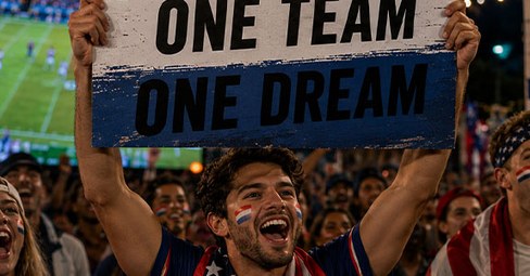 Selbst gestaltetes Fussball-Fan-Poster beim Public Viewing mit begeisterten Fans im Hintergrund