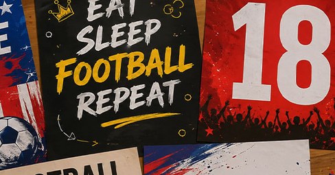 Bunte Sammlung von Fussball-Fan-Postern bei einem Spieltag-Event mit begeisterten Zuschauern