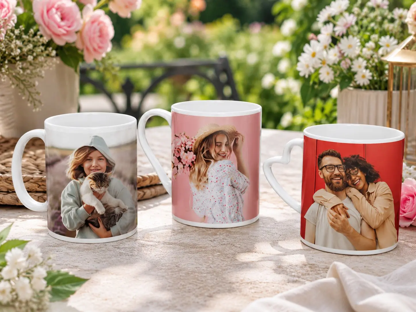Keramik Tasse, Porzellan Tasse und Emaille Tasse mit Fotodruck im direkten Material-Vergleich auf einem Holztisch