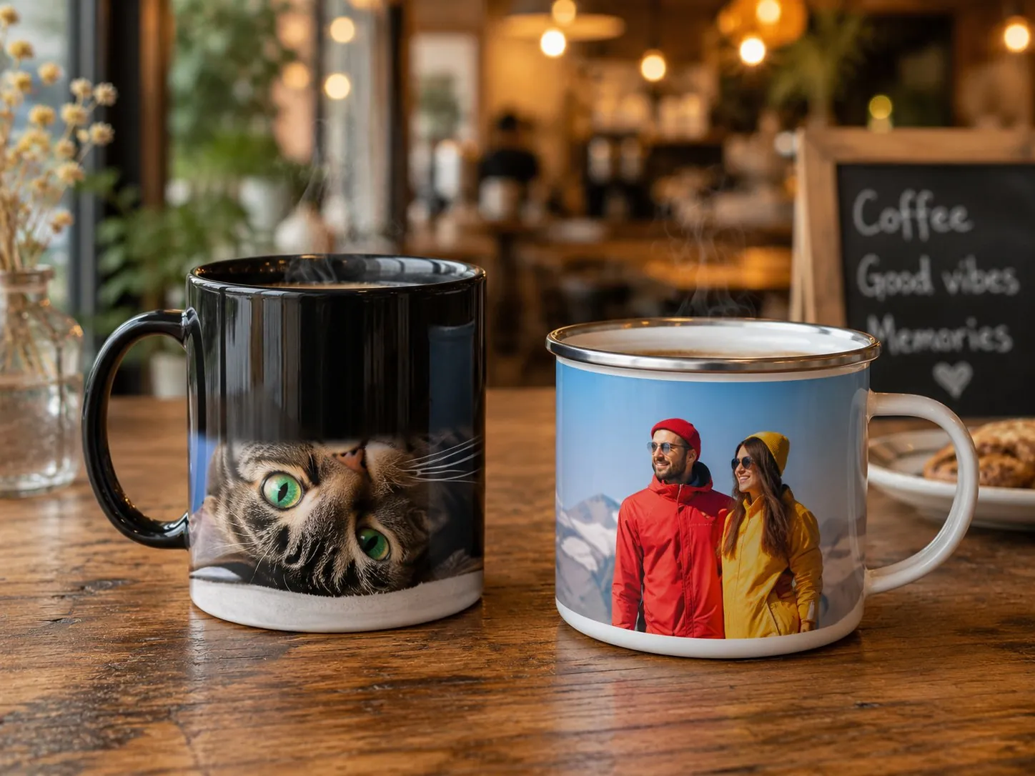 Elegante dünnwandige Porzellan Tasse mit Hochzeitsfoto auf einem gedeckten Tisch mit Blumen