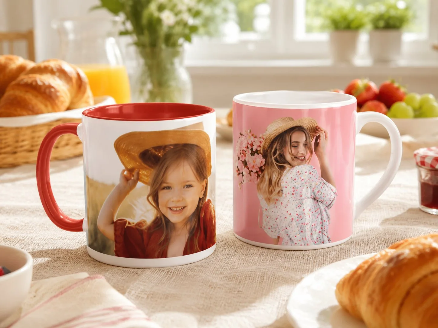 Robuste Emaille Tasse mit Foto auf einem Campingtisch im Wald mit Lagerfeuer im Hintergrund