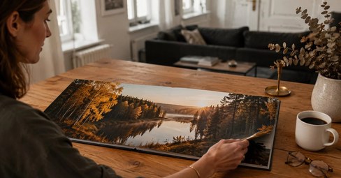 Frau betrachtet ein aufgeschlagenes Layflat Fotobuch mit Panorama-Landschaft am Wohnzimmertisch