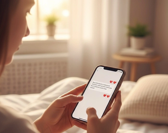Frau schreibt kurze Liebesnachricht auf dem Smartphone im Morgenlicht