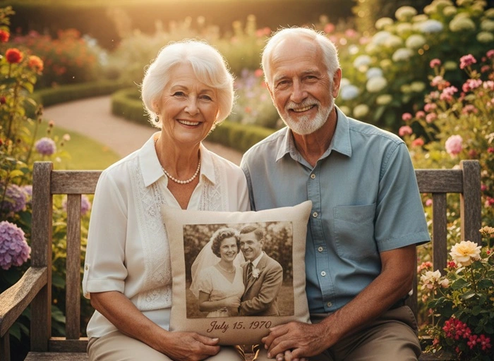 Älteres Paar sitzt Hand in Hand mit personalisiertem Fotokissen ihrer Hochzeit