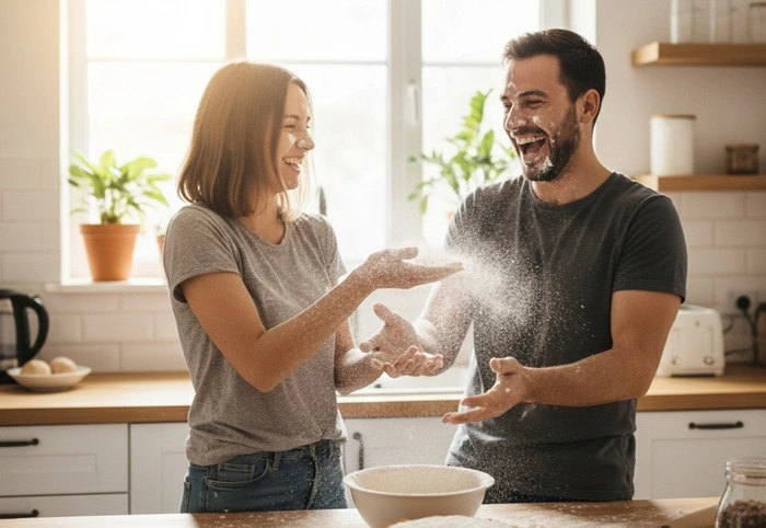 Paar lacht gemeinsam über lustigen Liebesspruch auf einer Fototasse