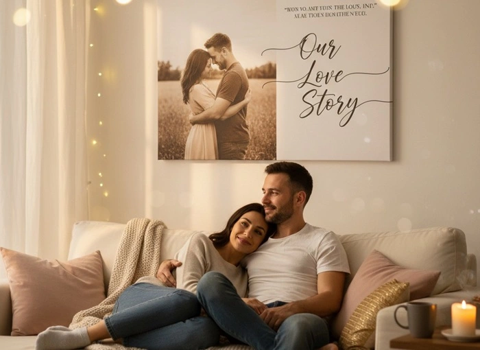 Paar betrachtet romantische Fotoleinwand mit Liebesspruch im Wohnzimmer