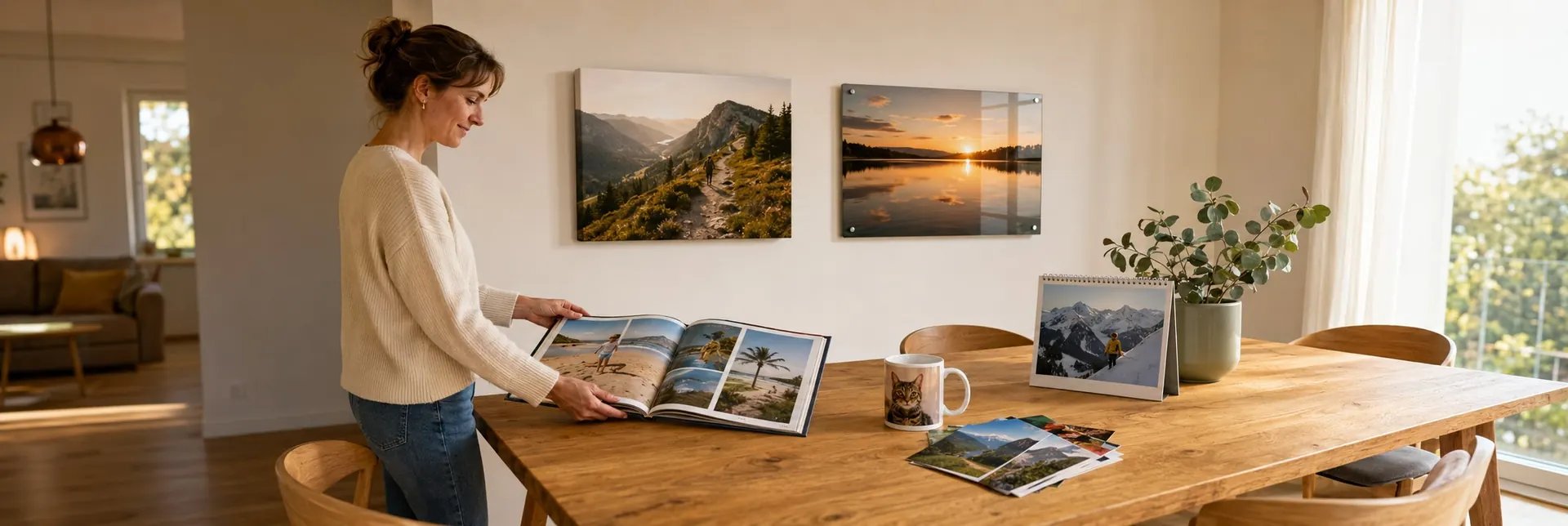 Frau blättert in einem Fotobuch am Esstisch, im Hintergrund Leinwand und Acrylglas an der Wand