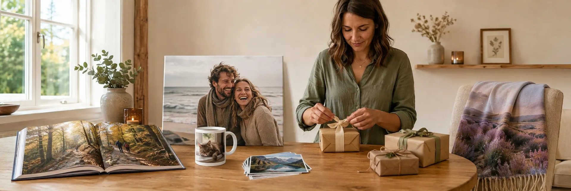 Personalisierte Fotogeschenke für Frauen auf einem Holztisch arrangiert