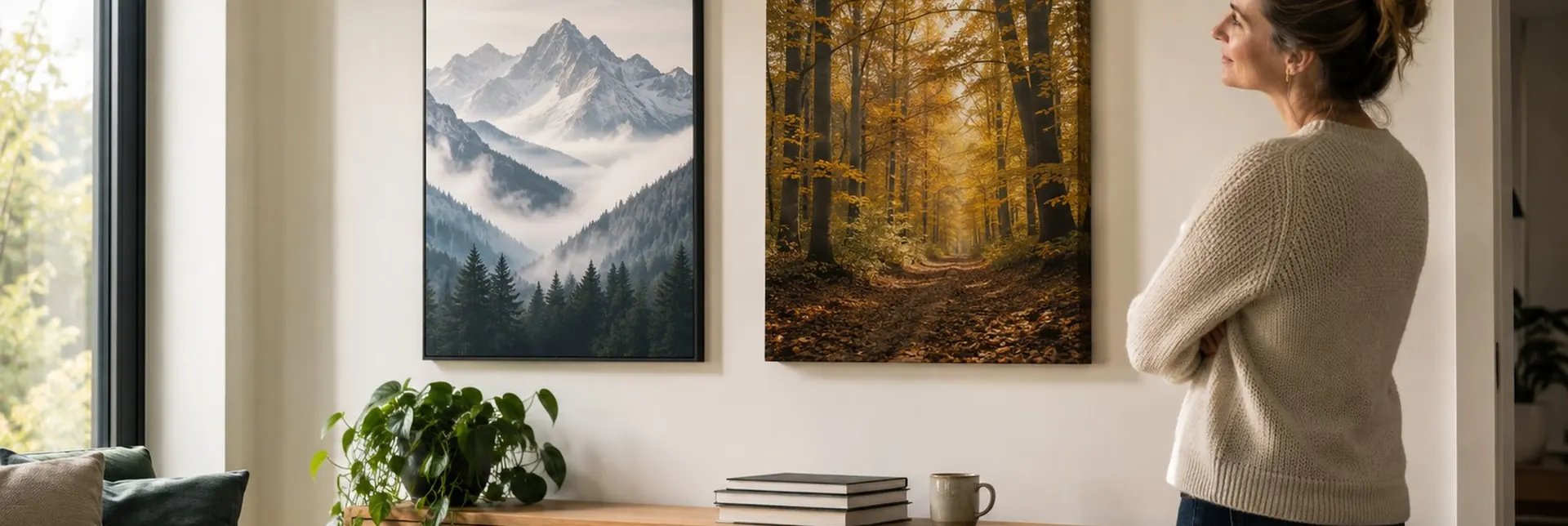 Poster und Leinwand nebeneinander an einer Wohnzimmerwand im Vergleich