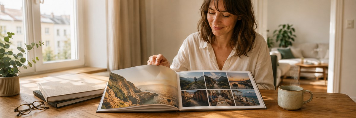 Frau blättert in einem Reisefotobuch mit Küstenpanorama und einer Collage aus Urlaubsfotos
