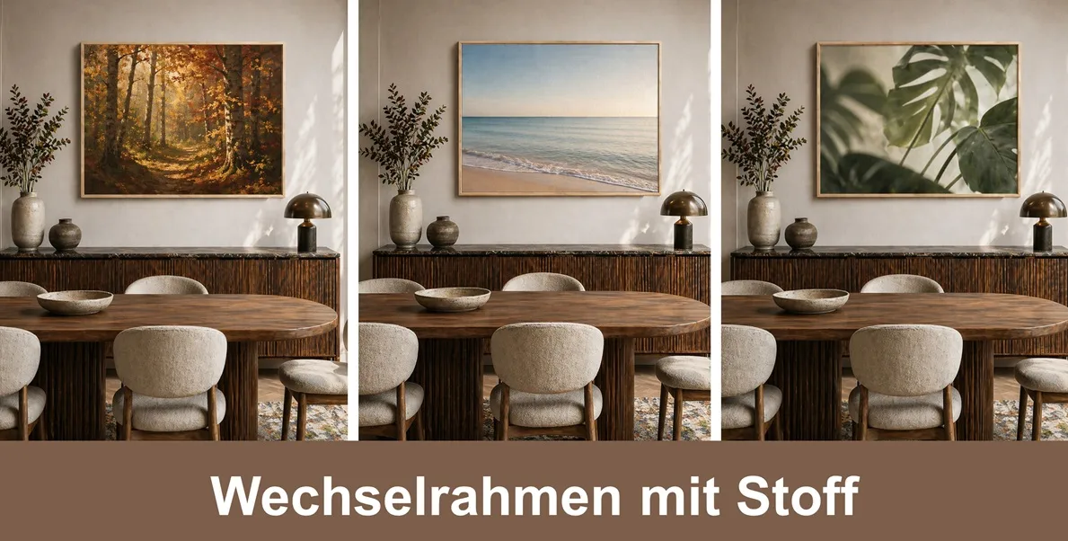 Wechselrahmen mit Stoff im Esszimmer: dasselbe Zimmer mit drei Motiven: Herbstwald, Strandlandschaft und Monstera-Blatt