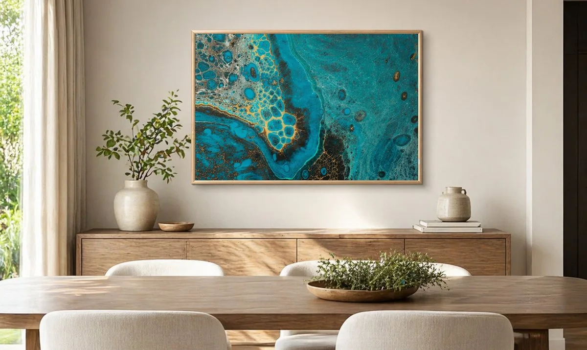 Wechselrahmen mit Stoff in Naturholz über einem Sideboard mit türkis-goldenem Fluid-Art-Motiv als saisonale Wanddeko