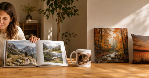 Frau am Laptop mit aufgeschlagenem Fotobuch, Fototasse, Leinwand und Fotokissen auf einem Holztisch