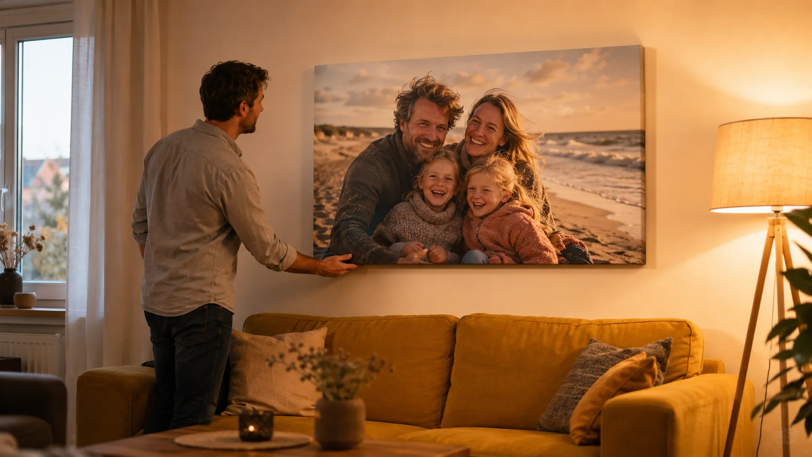 Poster und Leinwand nebeneinander an einer salbeigrünen Wand