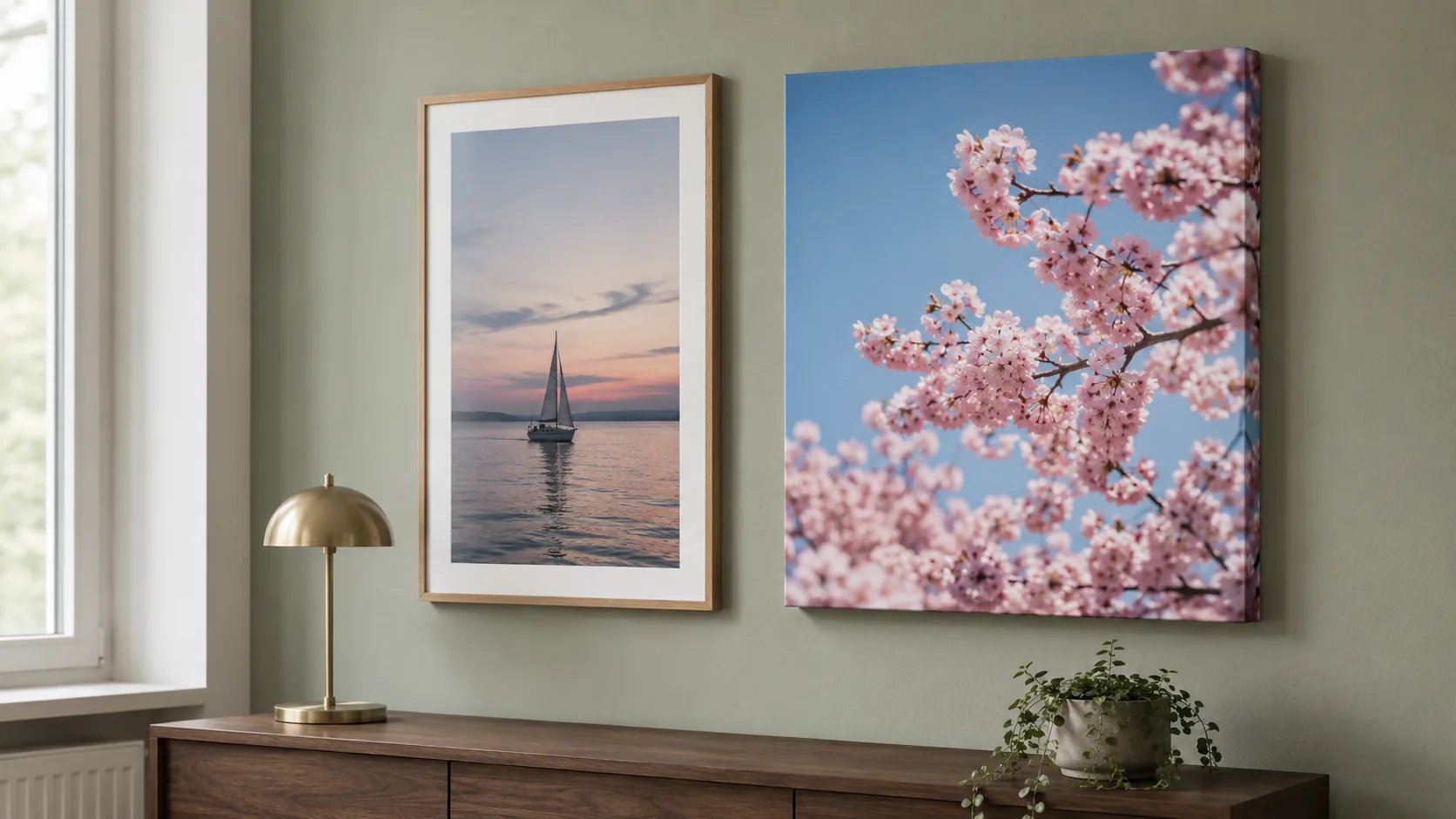 Familienfoto auf Leinwand über einem senfgelben Sofa