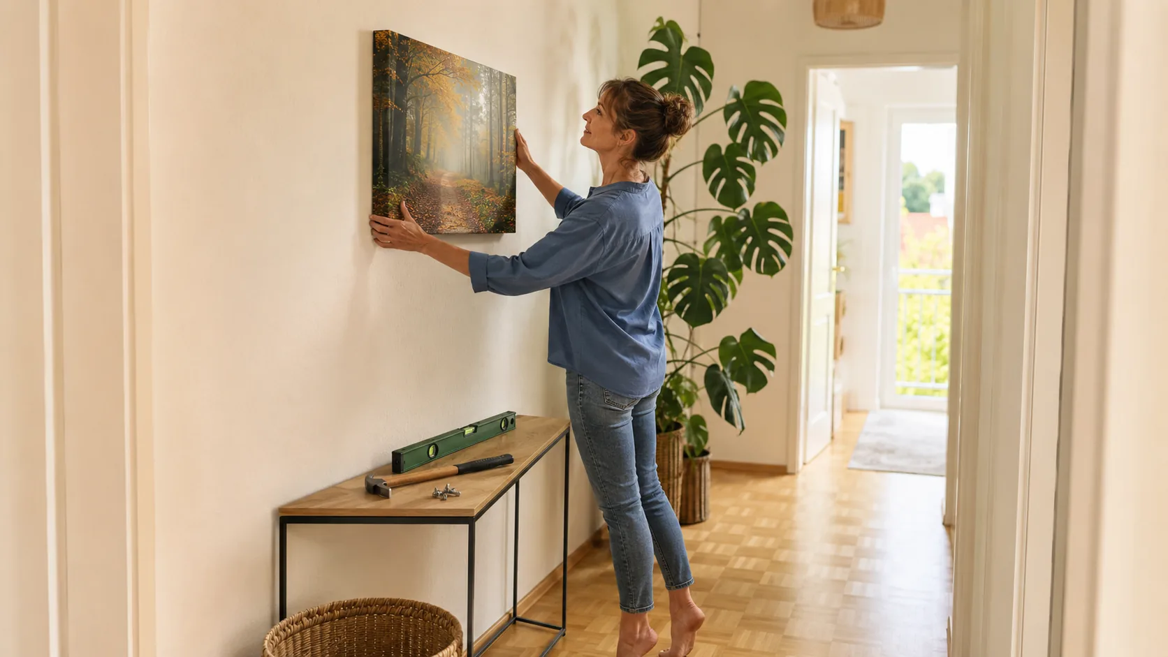 Frau hängt eine Leinwand im Flur gerade auf