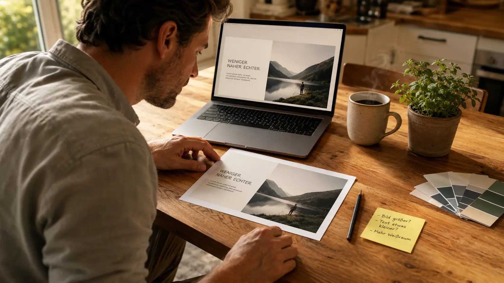 Poster am Küchentisch gestalten: Laptop mit Layout neben einem gedruckten Proof und Farbmustern