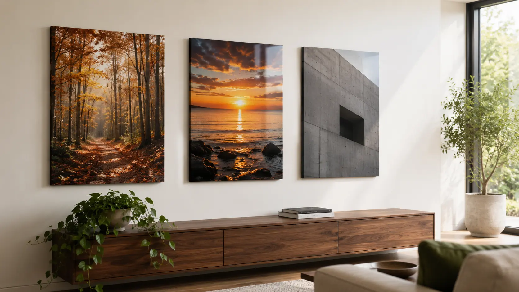 Drei Wandbild-Materialien im Vergleich nebeneinander: Leinwand, Acrylglas und Alu-Dibond