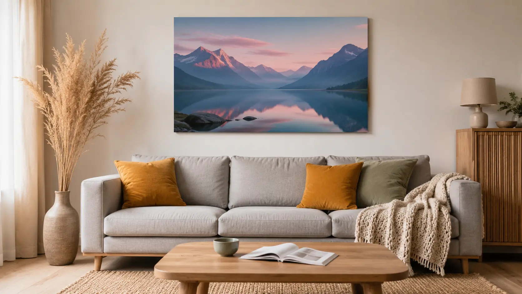 Großes Wandbild mit Bergsee-Motiv über einem grauen Sofa als Beispiel für die richtige Postergröße