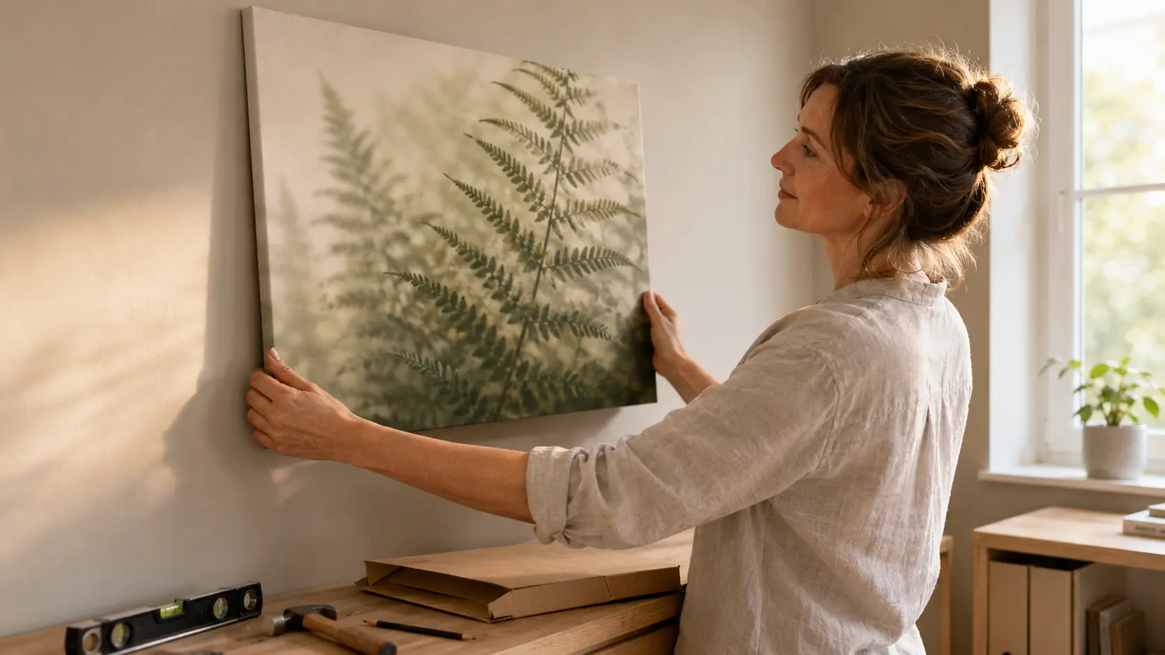 Frau hängt ein frisch geliefertes Wandbild mit Farnmotiv gerade an die Wand
