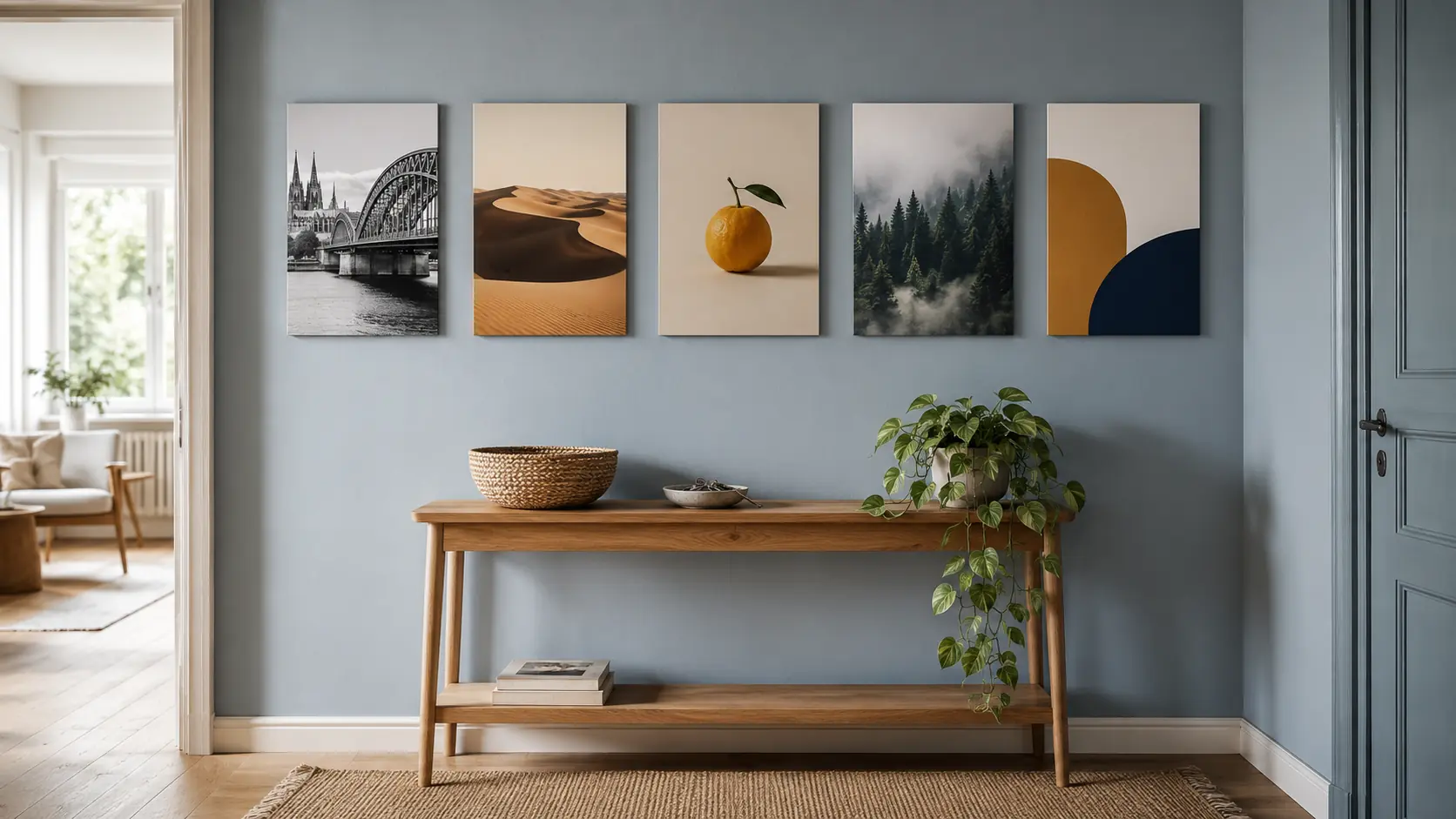Postergalerie im Flur aus fünf kleinen Alu-Dibond-Bildern an einer taubenblauen Wand